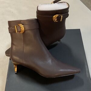 Donna Karan Chocolate Brown Heeled Boots with Gold Accent
